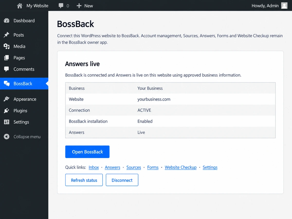 BossBack for WordPress showing an active connection, enabled installation and live Answers.